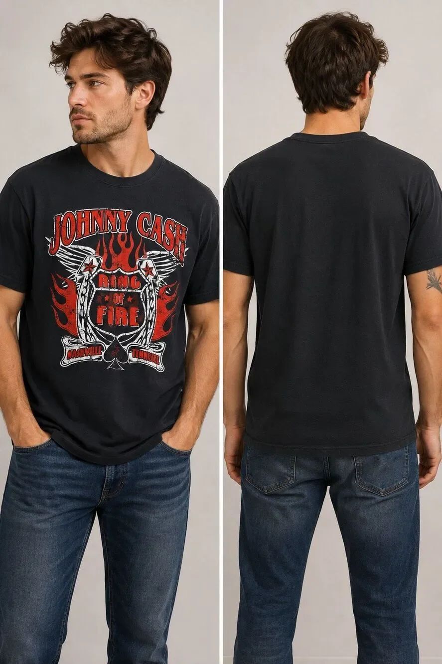 Johnny Cash Ring Of Fire Graphic Band T Shirt Black 100 Cotton Size XL Vintage